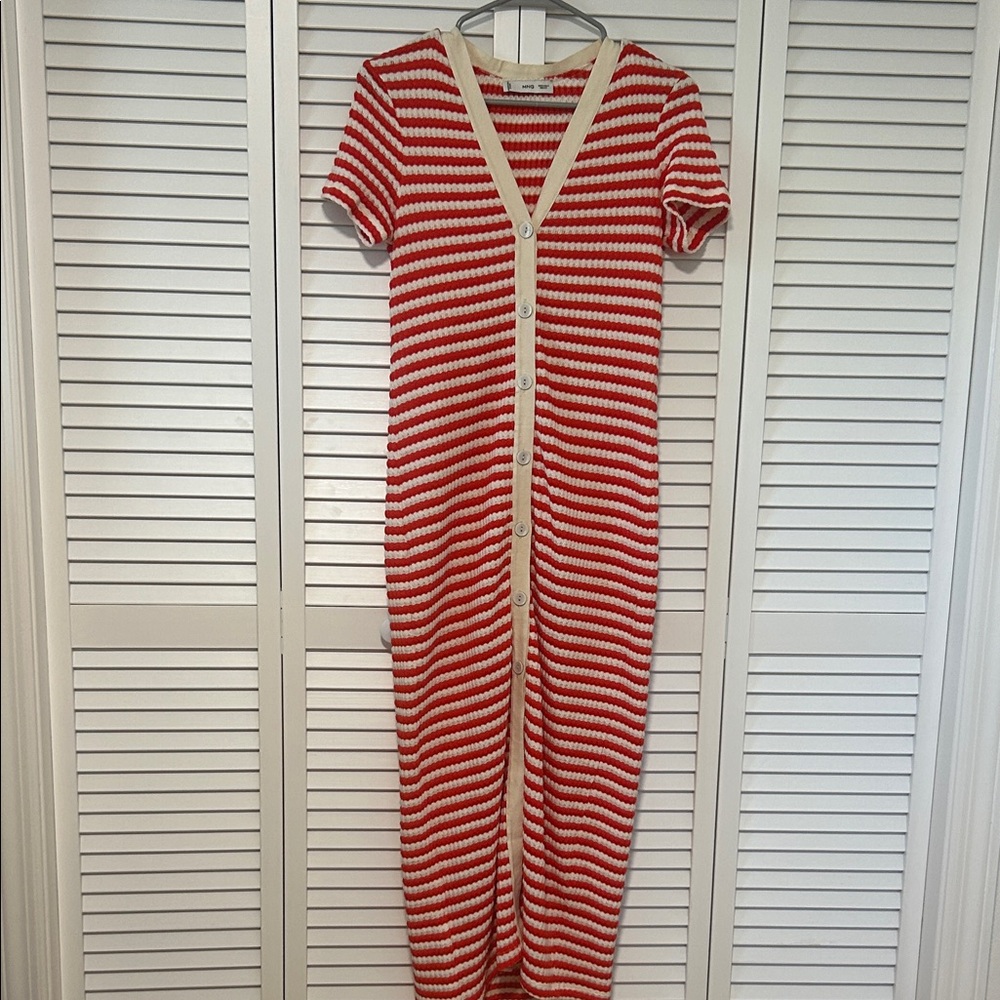 Mango Red and White Striped Knit Button Down Dress